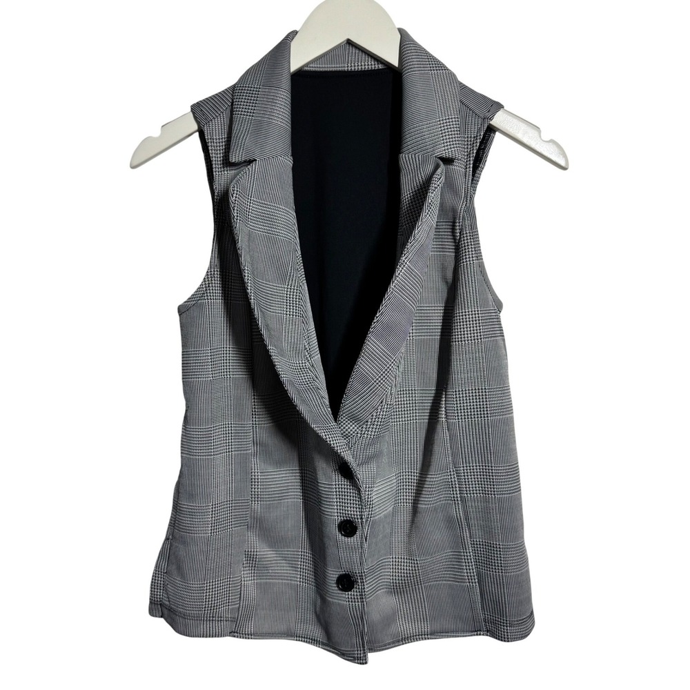 Balera Grey Glen Plaid Sleeveless Blazer Vest Notched Lapel Women L Office Chic